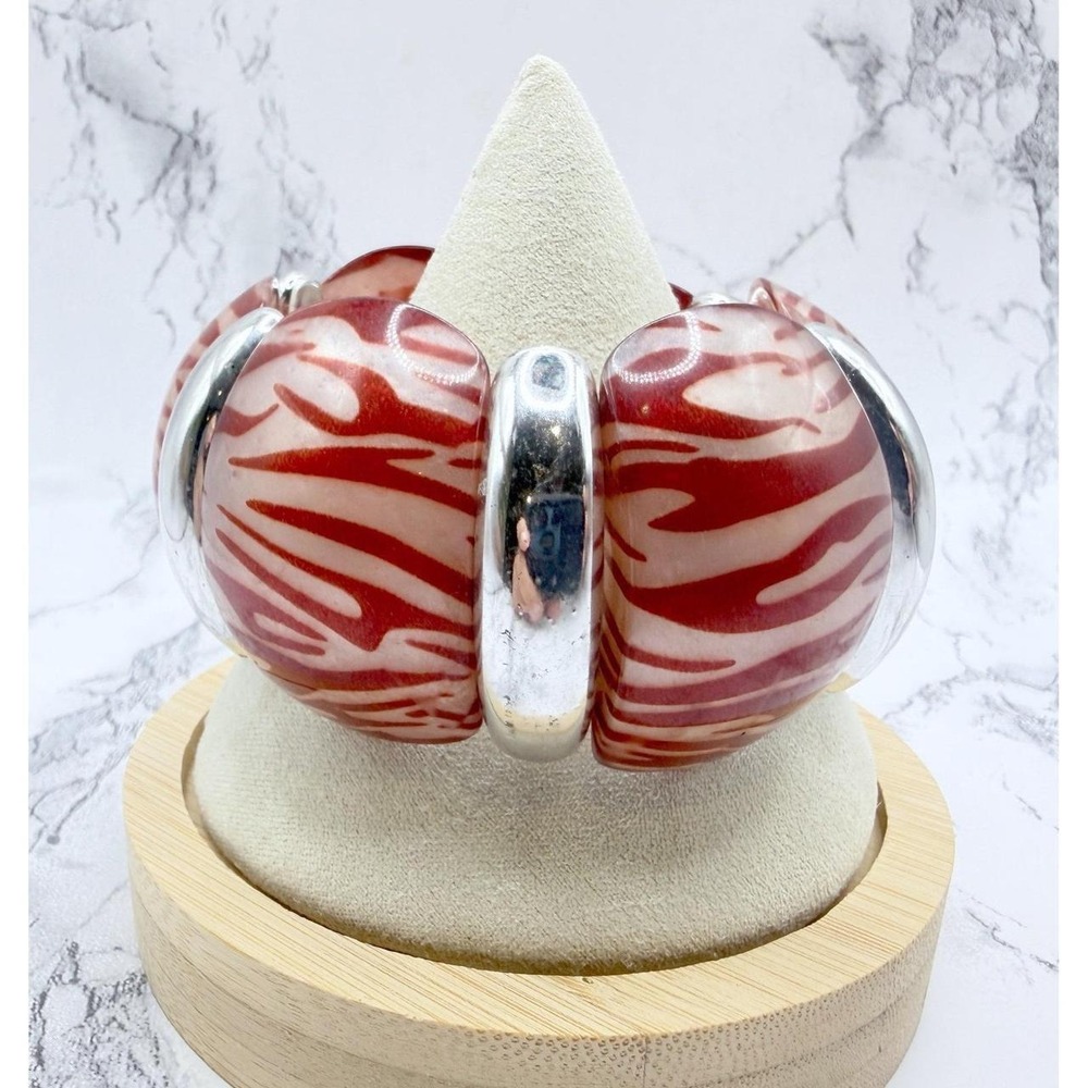 Chunky Red Pink Abstract Resin Panel Stretch Bracelet Silver Tone 8.5 Inch